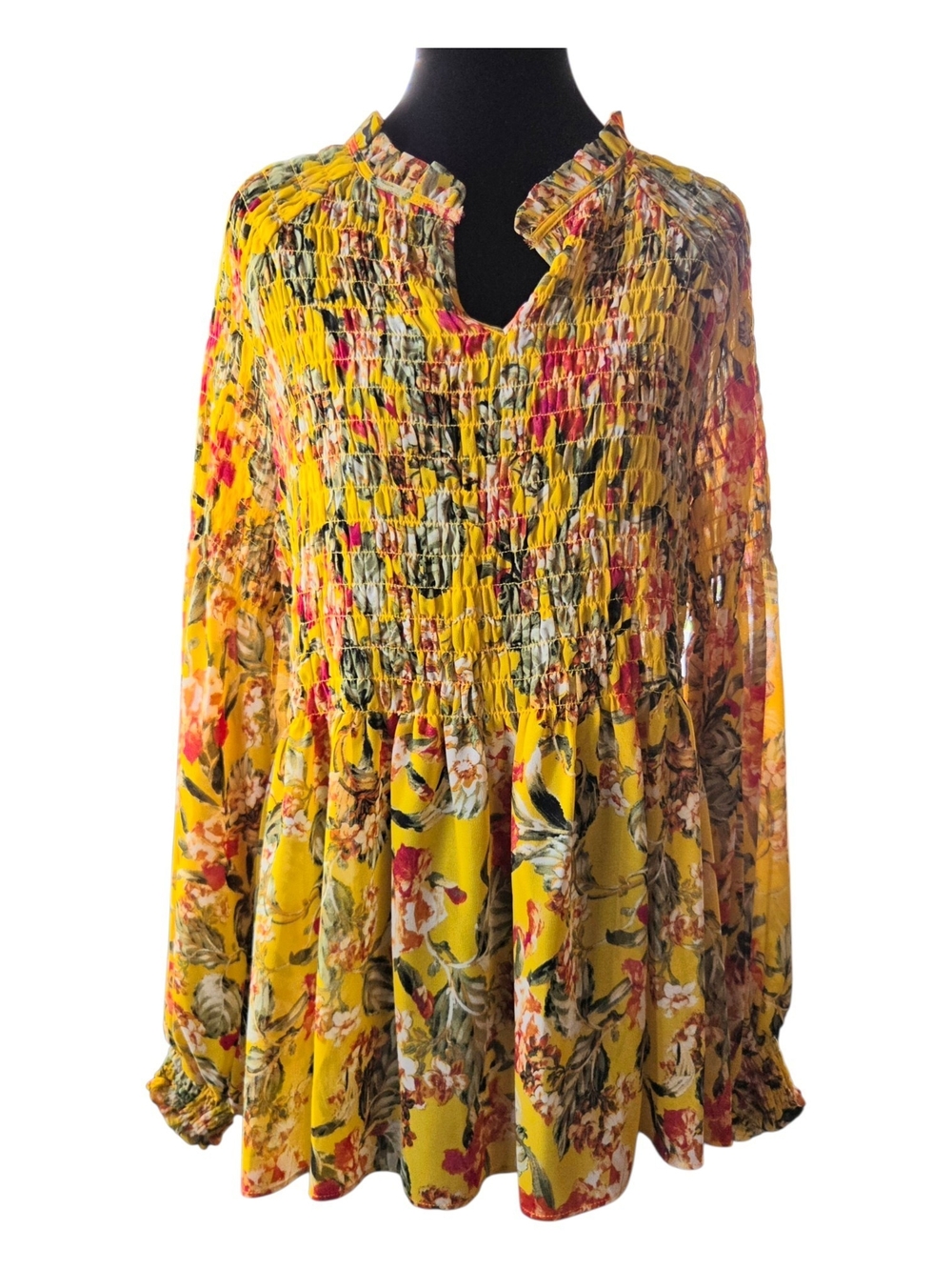 Rose & Olive Yellow Floral Flouncy Gathered Tunic Blouse Size L - Picture 2 of 11